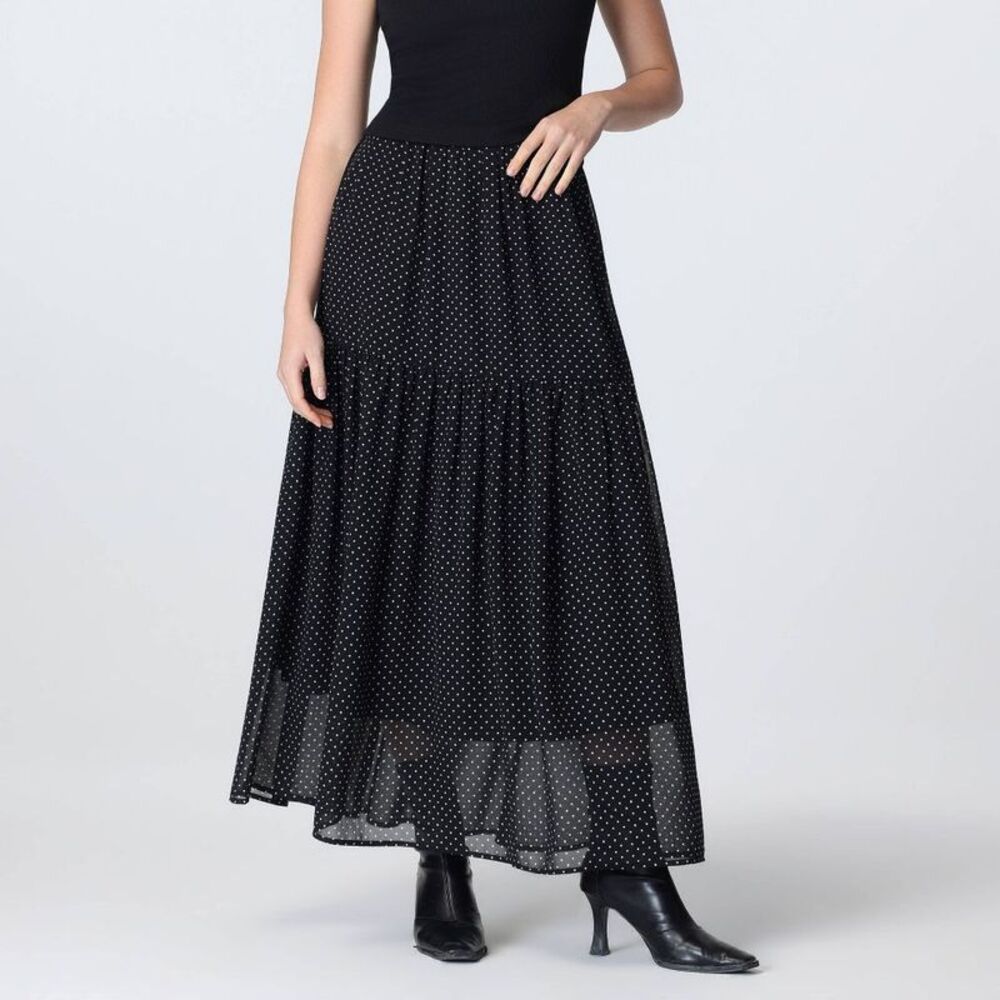 Women's High-Rise Chiffon Tiered Skirt - A New Day Black Polka Dots XS